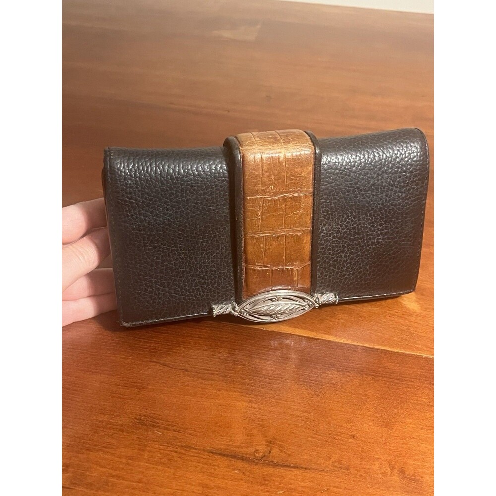 VTG Brighton Wallet Purse Black Leather Croc Embossed Silver Hardware Patina